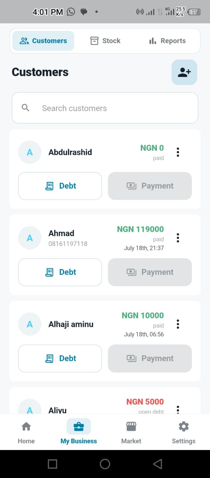 Zarah Business customer debt tracking screen showing customer balances and payment actions
