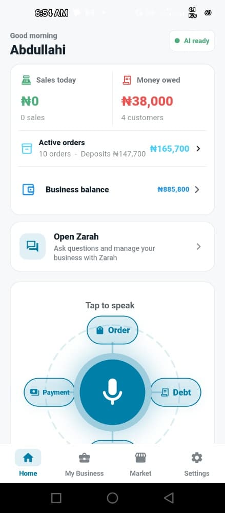 Zarah Business bookkeeping dashboard showing sales, customer debts and recent business records