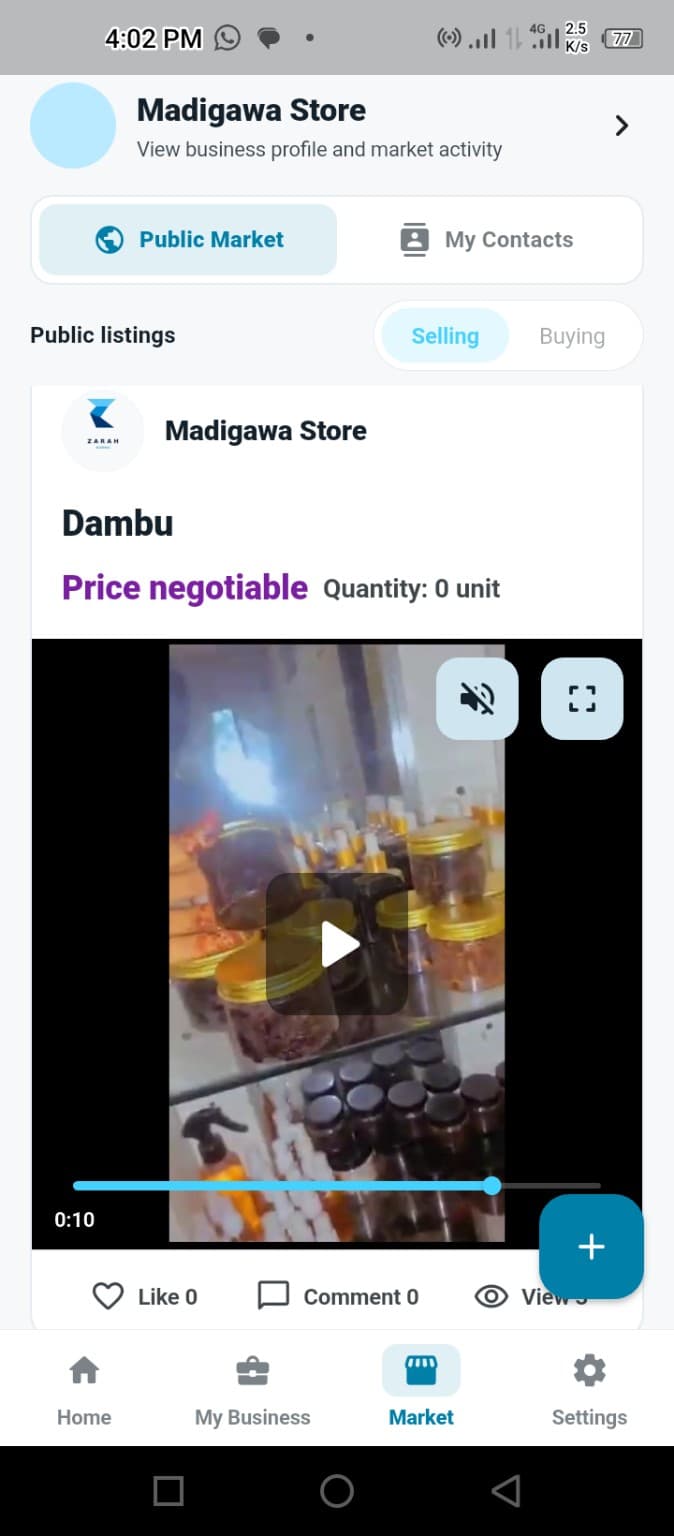 Zarah Business marketplace with product listings from businesses