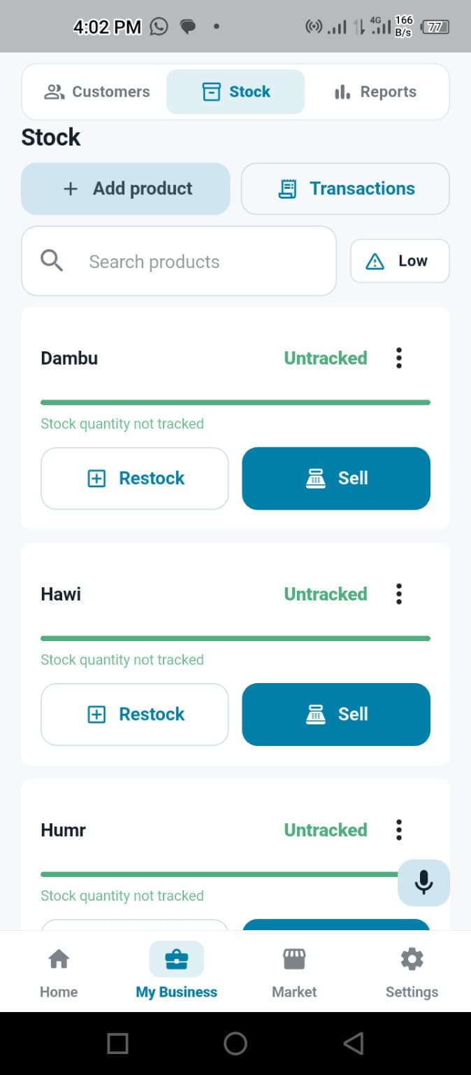 Zarah Business stock management screen showing products, restocking and sales actions